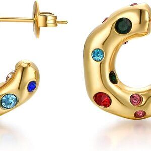 Gold Hoop Earrings for Women Girls 14K Gold Plated Sterling Silver Post Cubic Zi